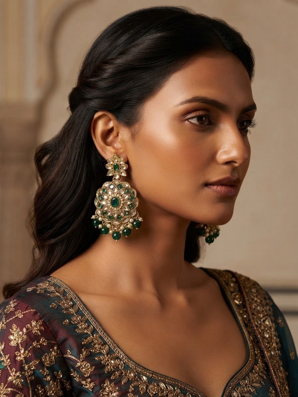 Elegant Gold & Green Statement Chandbali Earrings - Women Jewelry